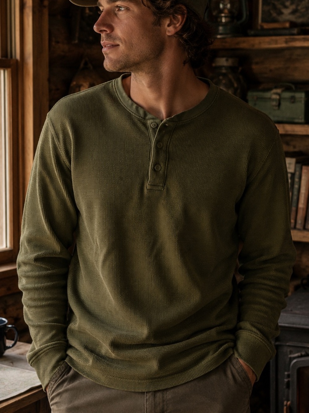 The North Face Olive Waffle Henley Long-Sleeve Shirt Gorpcore Cabincore Outdoor